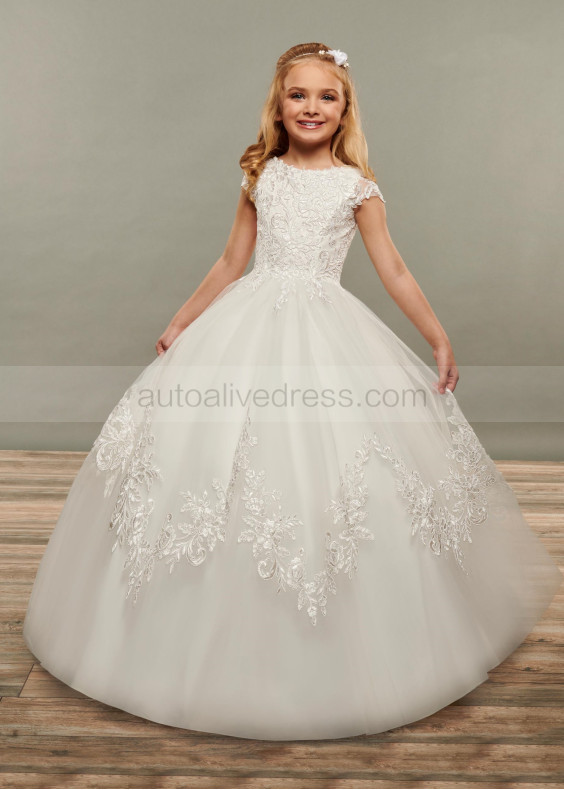 Cap Sleeves Ivory Lace Tulle Unique Flower Girl Dress